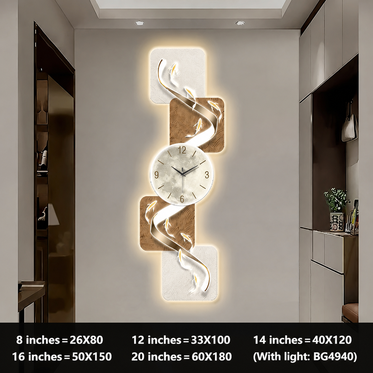 Horloge murale moderne représentant neuf poissons, silencieuse, avec un tableau d'art contemporain et une luminescence LED. Idéale pour le salon ou le couloir.