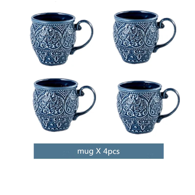 Blue retro relief ceramic dinnerware set by MC THE BLACK DIAMOND, featuring stylish relief design on plates and bowls.