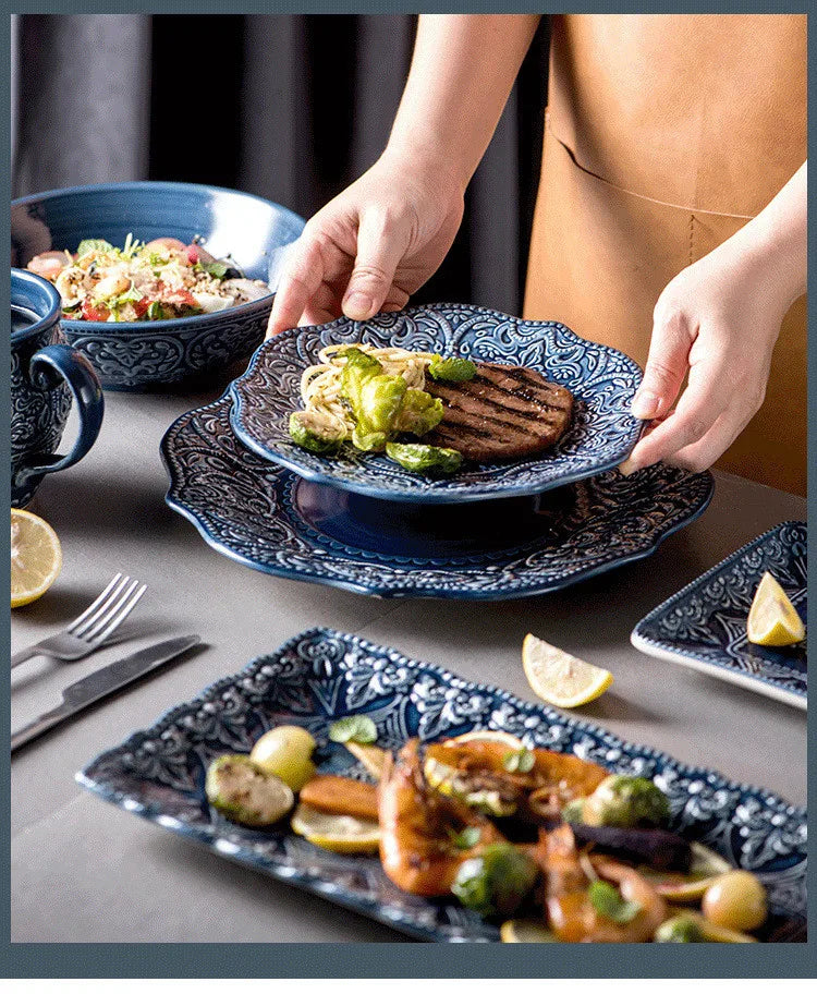 Blue retro relief ceramic dinnerware set with matching plates and bowls, designed by MC THE BLACK DIAMOND.