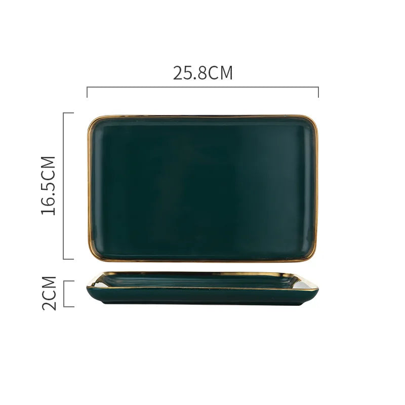 Green ceramic dinner set with gold inlay, includes porcelain dessert plates, salad bowls, steak plates, and rice bowls.
