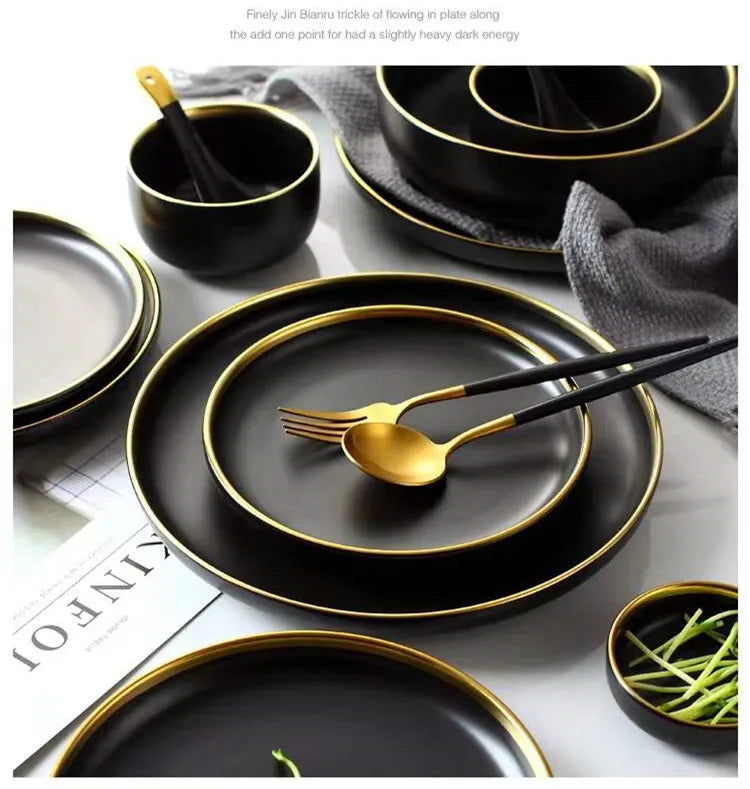 Set of black porcelain dinner plates and bowls with cutlery from 𝕄𝕔 𝕋𝕙𝕖 𝔹𝕝𝕒𝕔𝕜 𝔻𝕚𝕒𝕞�