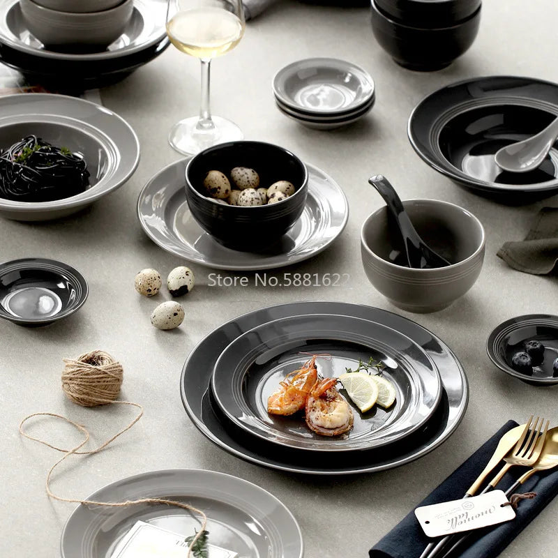 Nordic black and gray ceramic tableware set with rice bowls, soup bowls, and plates by 𝕄𝕔 𝕋𝕙𝕖 𝔹𝕝𝕒𝕔𝕜 𝔻𝕚�
