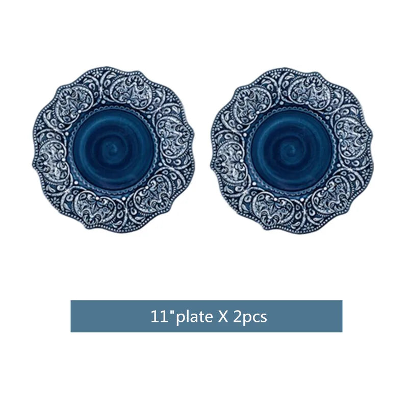 Blue retro relief ceramic dinnerware set by MC THE BLACK DIAMOND, featuring stylish relief design on matching ceramic dishes.