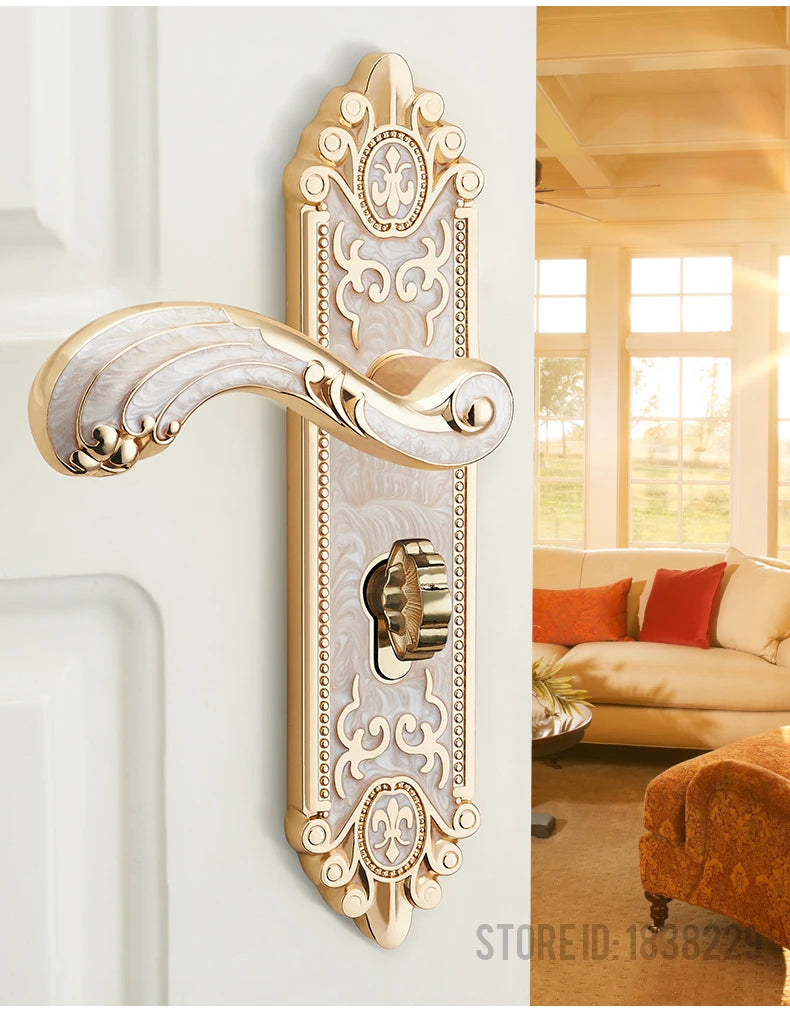 Ivory white gold door lock with keys and handle, security home decor by MC THE BLACK DIAMOND, installed on a door.