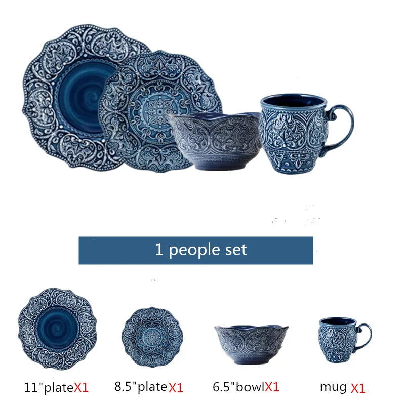 Blue retro relief ceramic dinnerware set featuring plates and bowls from MC THE BLACK DIAMOND for stylish table setting.