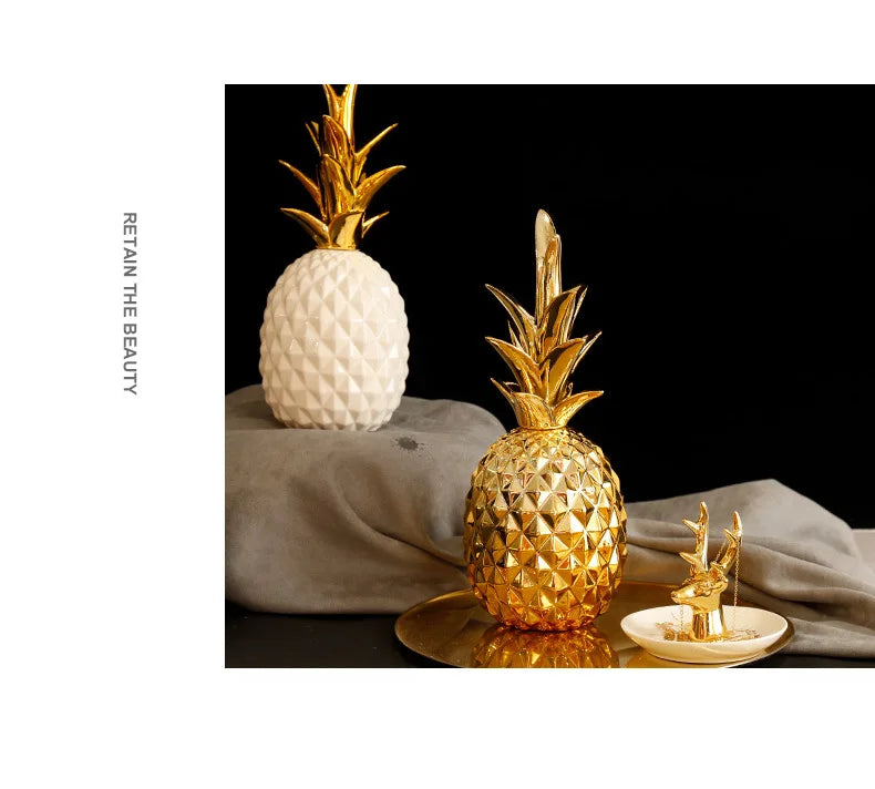 Golden ceramic pineapple home decor by MC THE BLACK DIAMOND, decorative piece for living rooms, porches, or wedding gifts.