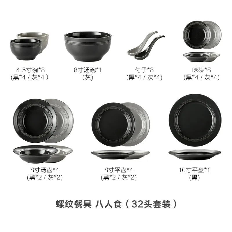 Nordic black and gray ceramic tableware set with rice bowls, soup bowls, and plates from 𝕄𝕔 𝕋𝕙𝕖 𝔹𝕝𝕒𝕔𝕜 𝔻𝕚�