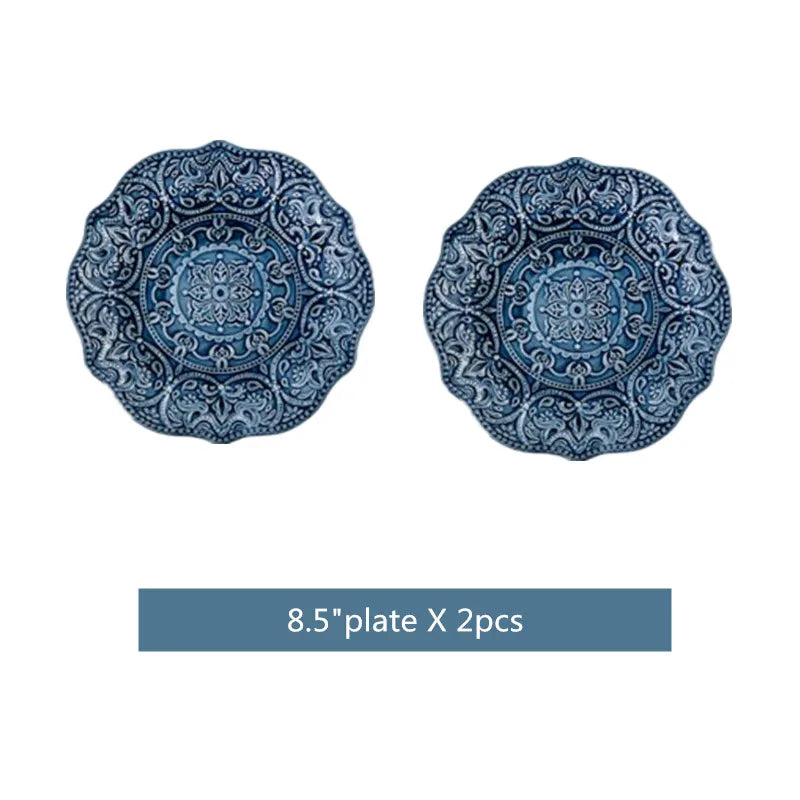 Blue retro relief ceramic dinnerware set by MC THE BLACK DIAMOND, featuring multiple stylish ceramic dishes with vintage-inspired design.