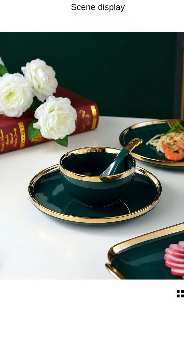 Luxury MC THE BLACK DIAMOND family dinnerware set with elegant plates and bowls arranged on a table.