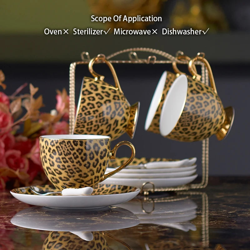 Leopard print bone china coffee set with teapot, cups, sugar bowl, and creamer by 𝕄𝕔 𝕋𝕙𝕖 𝔹𝕝𝕒𝕔𝕜 𝔻𝕚