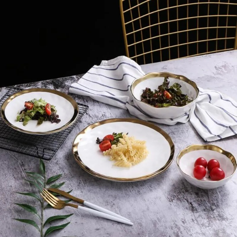 European style gold side black ceramic plate with matte finish, used for steak, dessert, or dinner presentation, by 𝕄𝕔 𝕋𝕙𝕖 𝔹𝕝𝕒𝕔𝕜 𝔻�