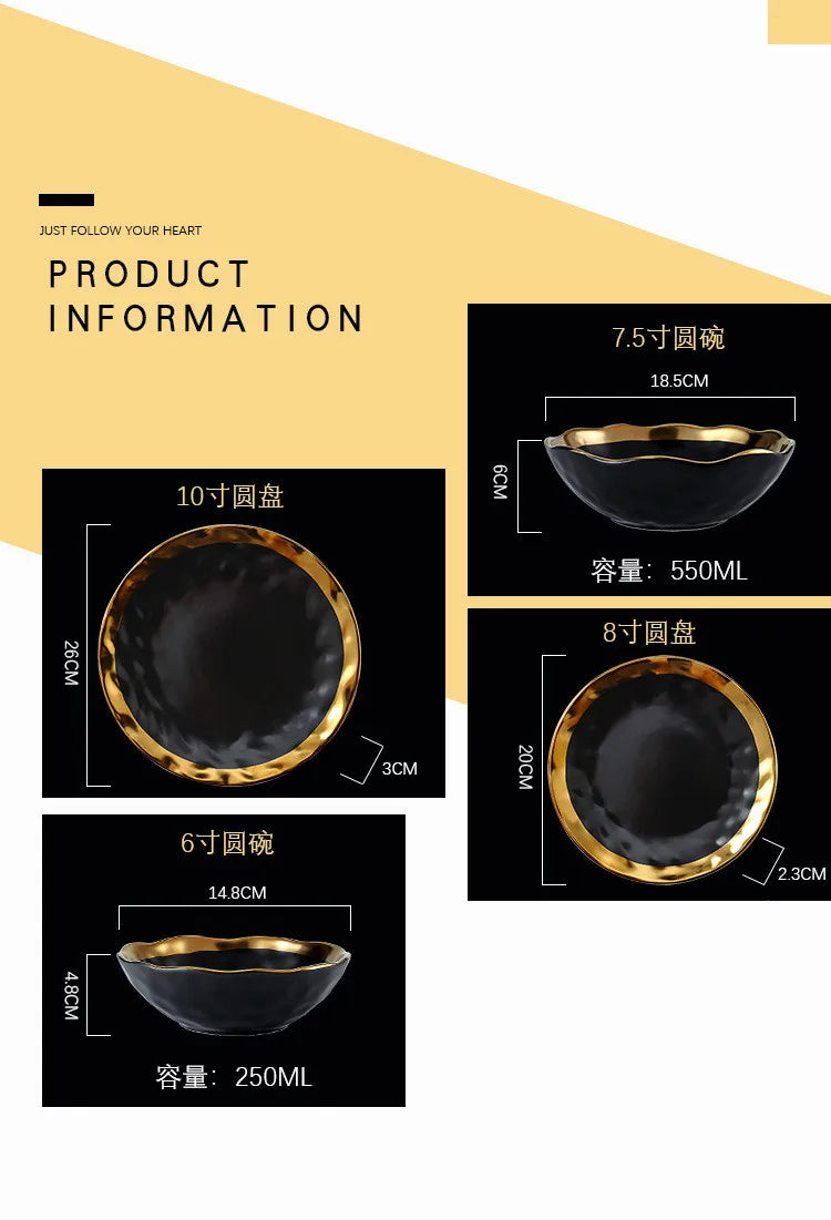 European style gold side black ceramic plate with matte finish, ideal for steak, desserts, and dinner servings.