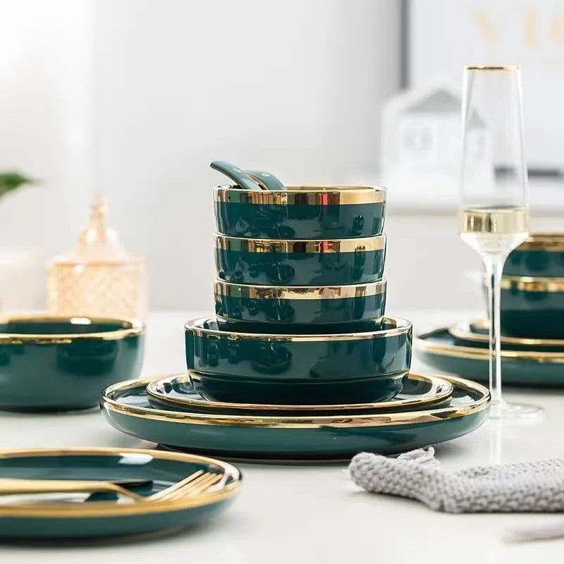 Green dinnerware set with gold inlay by MC THE BLACK DIAMOND, full quality dinner set for elegant table settings