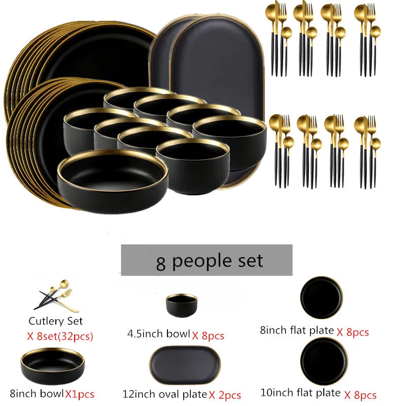 Set of black porcelain dinner plates with cutlery, including rice, salad, and noodle bowls from 𝕄𝕔 𝕋𝕙𝕖 𝔹𝕝𝕒𝕔𝕜 𝔻𝕚�