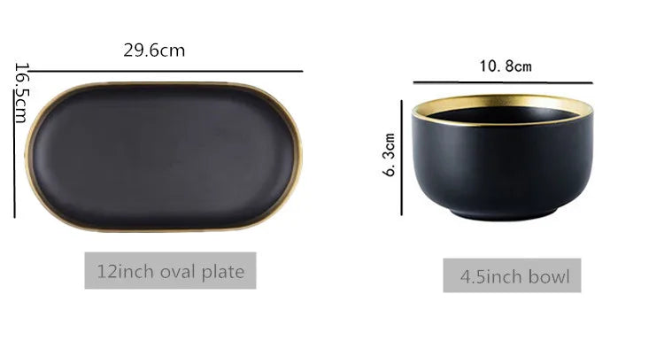 Set of black porcelain dinner plates with cutlery, including rice and salad bowls, from 𝕄𝕔 𝕋𝕙𝕖 𝔹𝕝𝕒𝕔𝕜 𝔻𝕚𝕒