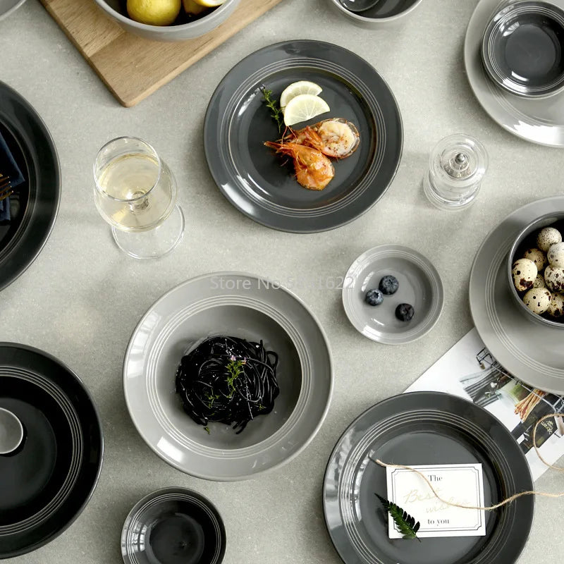 Nordic black and gray ceramic tableware set with rice bowls, soup bowls, and plates from 𝕄𝕔 𝕋𝕙𝕖 𝔹𝕝𝕒𝕔𝕜 𝔻𝕚�