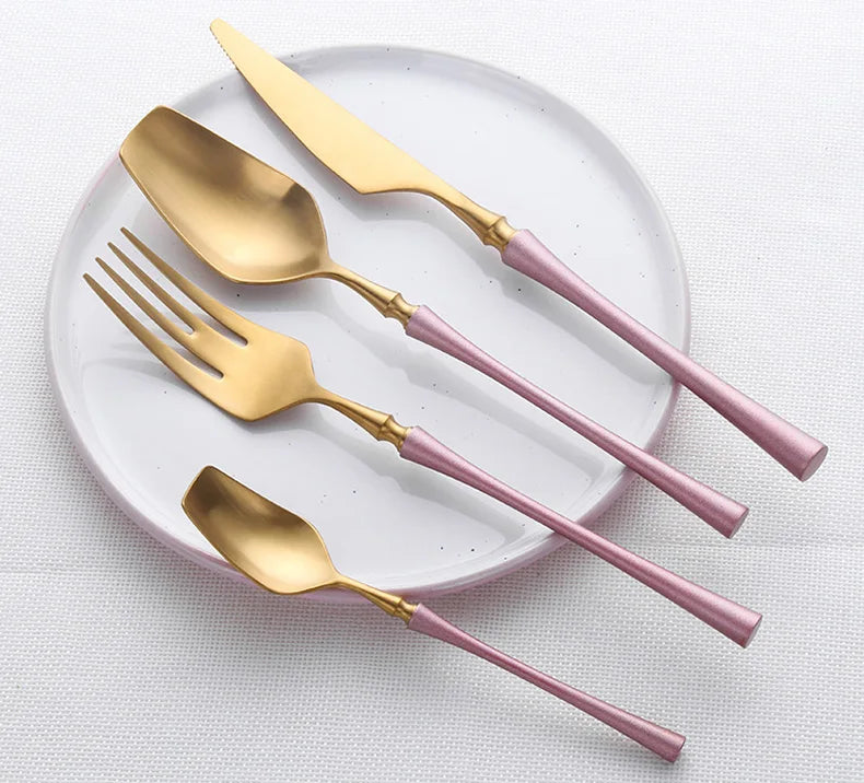 Matte stainless steel dinnerware set with black, gold, and silver finishes from 𝕄𝕔 𝕋𝕙𝕖 𝔹𝕝𝕒𝕔𝕜 𝔻𝕚𝕒�