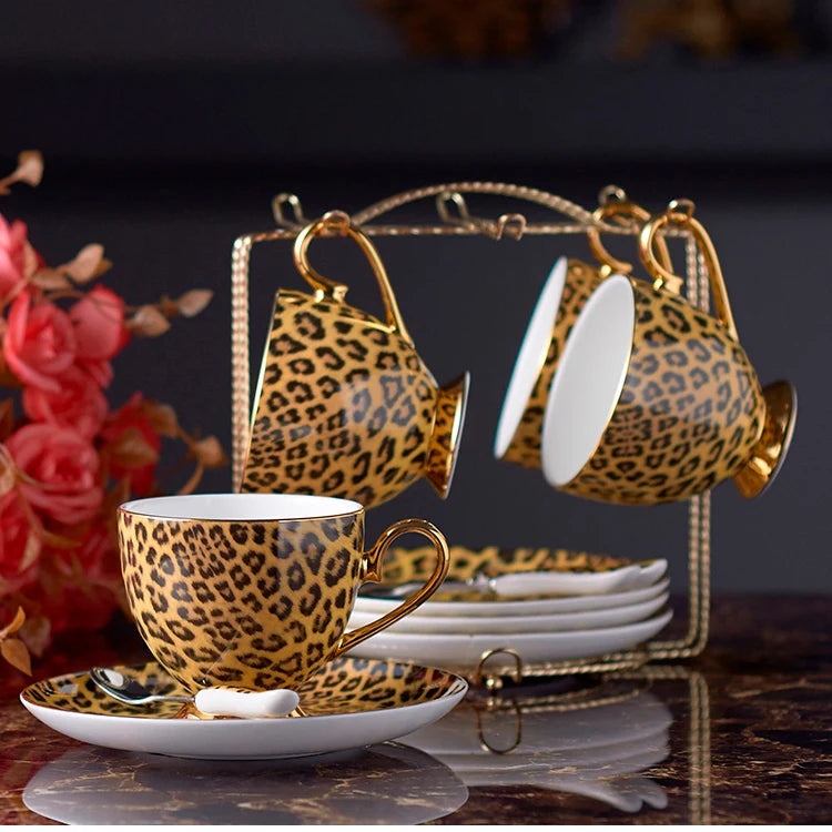 Leopard print Bone China coffee set with teapot, cups, sugar bowl, creamer, and mug from 𝕄𝕔 𝕋𝕙𝕖 𝔹𝕝𝕒𝕔𝕜 𝔻�