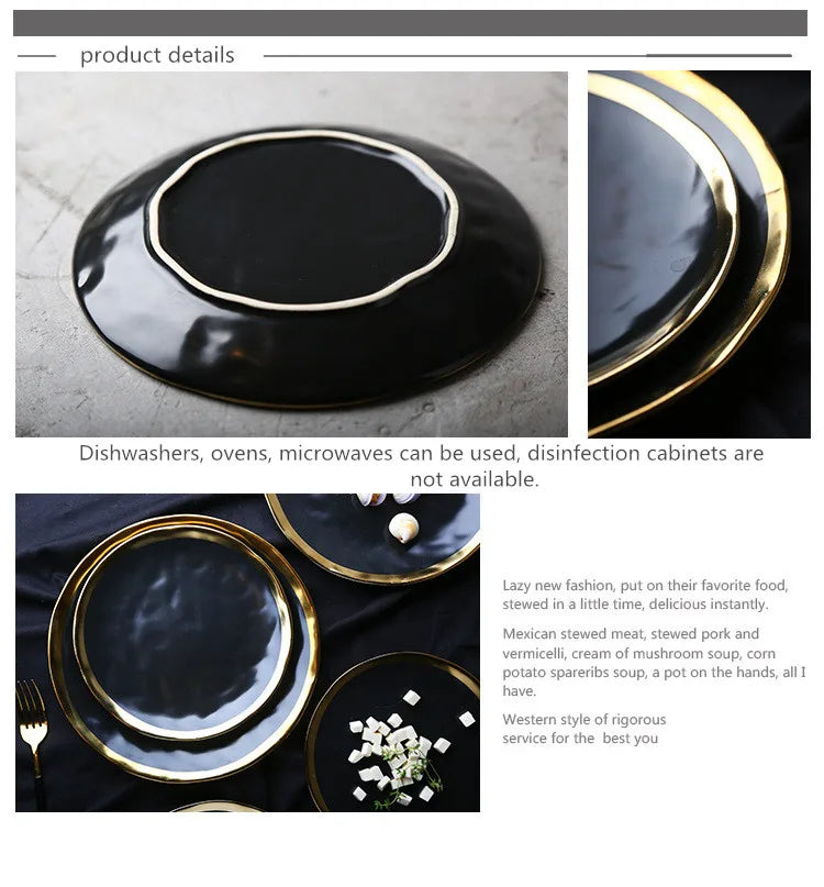 European style gold side black ceramic plate with matte finish, used as steak dish or dessert tray, by 𝕄𝕔 𝕋𝕙𝕖 𝔹𝕝𝕒𝕔𝕜 𝔻𝕚