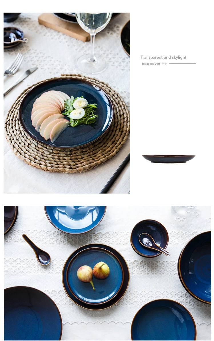 Deep blue ceramic dinnerware set by MC THE BLACK DIAMOND, includes plates and bowls with a sleek, modern design.