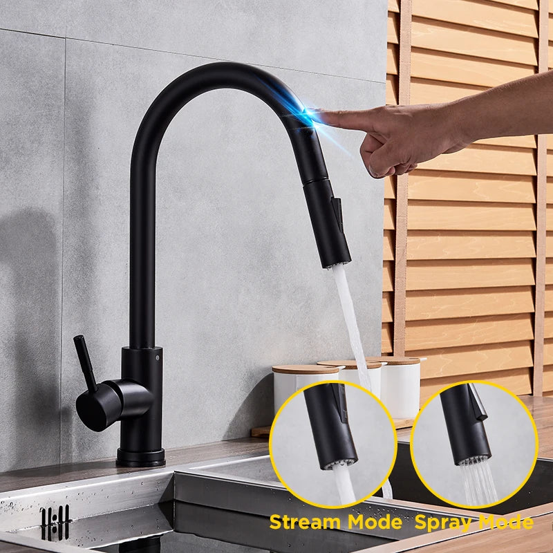 Touch-control kitchen faucet by MC THE BLACK DIAMOND with a sleek chrome finish and modern design, shown installed in a kitchen sink.