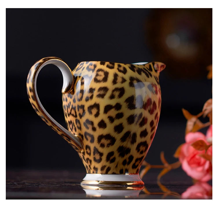 Leopard print Bone China coffee set with teapot, cups, sugar bowl, and creamer from 𝕄𝕔 𝕋𝕙𝕖 𝔹𝕝𝕒𝕔𝕜 𝔻𝕚
