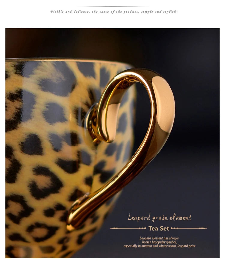 Leopard print bone china coffee set with teapot, cups, sugar bowl, and creamer from 𝕄𝕔 𝕋𝕙𝕖 𝔹𝕝𝕒𝕔𝕜 𝔻𝕚