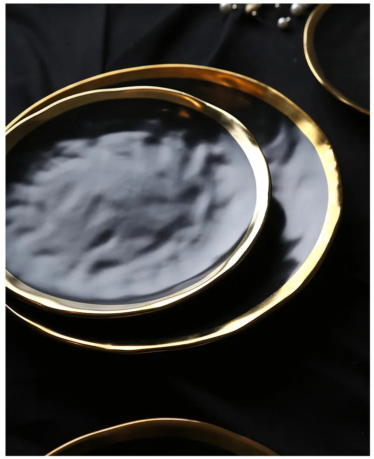 European style gold side black ceramic plate with matte finish, ideal for steak, dessert, and dinner use, by 𝕄𝕔 𝕋𝕙𝕖 𝔹𝕝𝕒𝕔𝕜 𝔻�