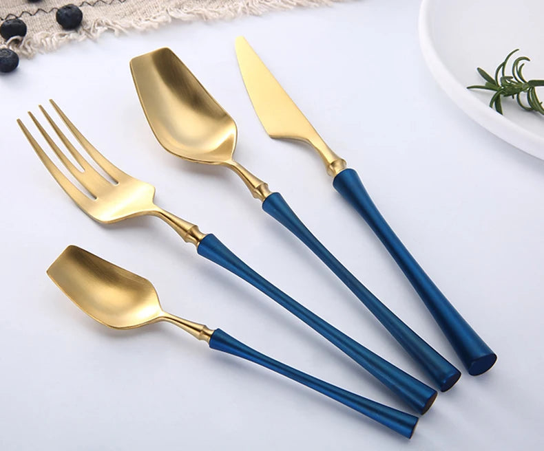 Matte stainless steel dinnerware set with black, gold, and silver finishes from 𝕄𝕔 𝕋𝕙𝕖 𝔹𝕝𝕒𝕔𝕜 𝔻𝕚𝕒�