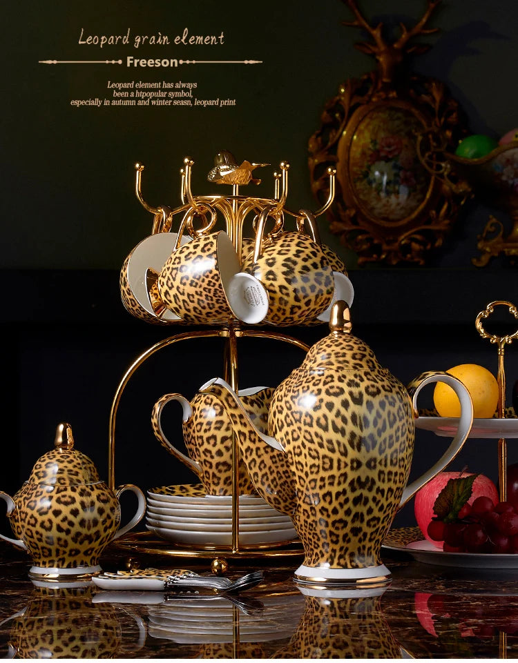 Leopard print bone china coffee set with teapot, cups, sugar bowl, creamer, and mug from 𝕄𝕔 𝕋𝕙𝕖 𝔹𝕝𝕒𝕔𝕜 𝔻�