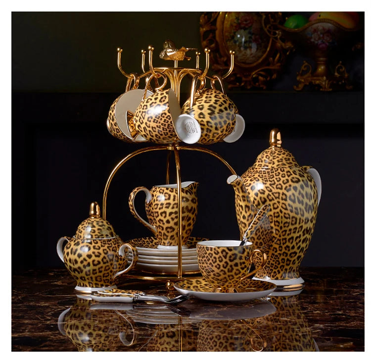 Leopard print bone china coffee set with teapot, cups, sugar bowl, and creamer by 𝕄𝕮 𝕋𝕙𝕖 𝔹𝕝𝕒𝕔𝕜 𝔻𝕚