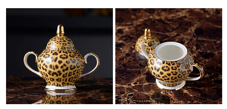 Leopard print bone china coffee set with teapot, cups, sugar bowl, and creamer from 𝕄𝕔 𝕋𝕙𝕖 𝔹𝕝𝕒𝕔𝕜 𝔻𝕚