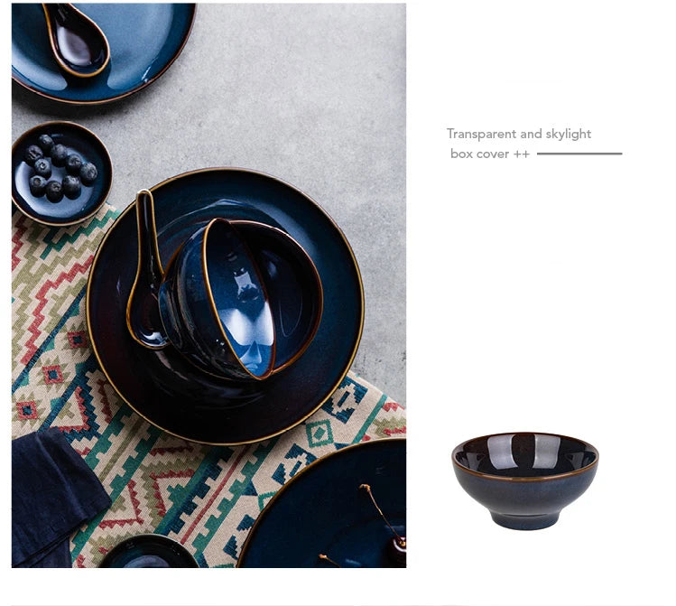 Deep blue ceramic dinnerware set by MC THE BLACK DIAMOND, includes plates and bowls, elegant tableware for dining.