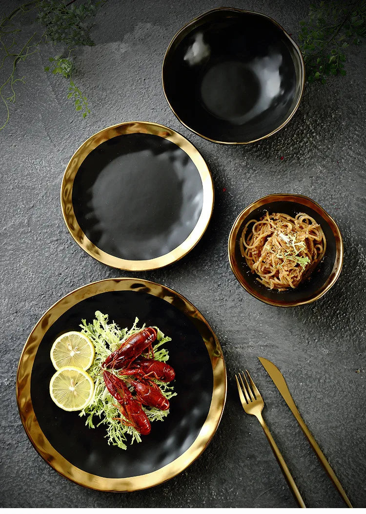 European style gold side black ceramic plate with matte finish, used for steak, desserts, and dinner, by 𝕄𝕔 𝕋𝕙𝕖 𝔹𝕝𝕒𝕔𝕜 𝔻�