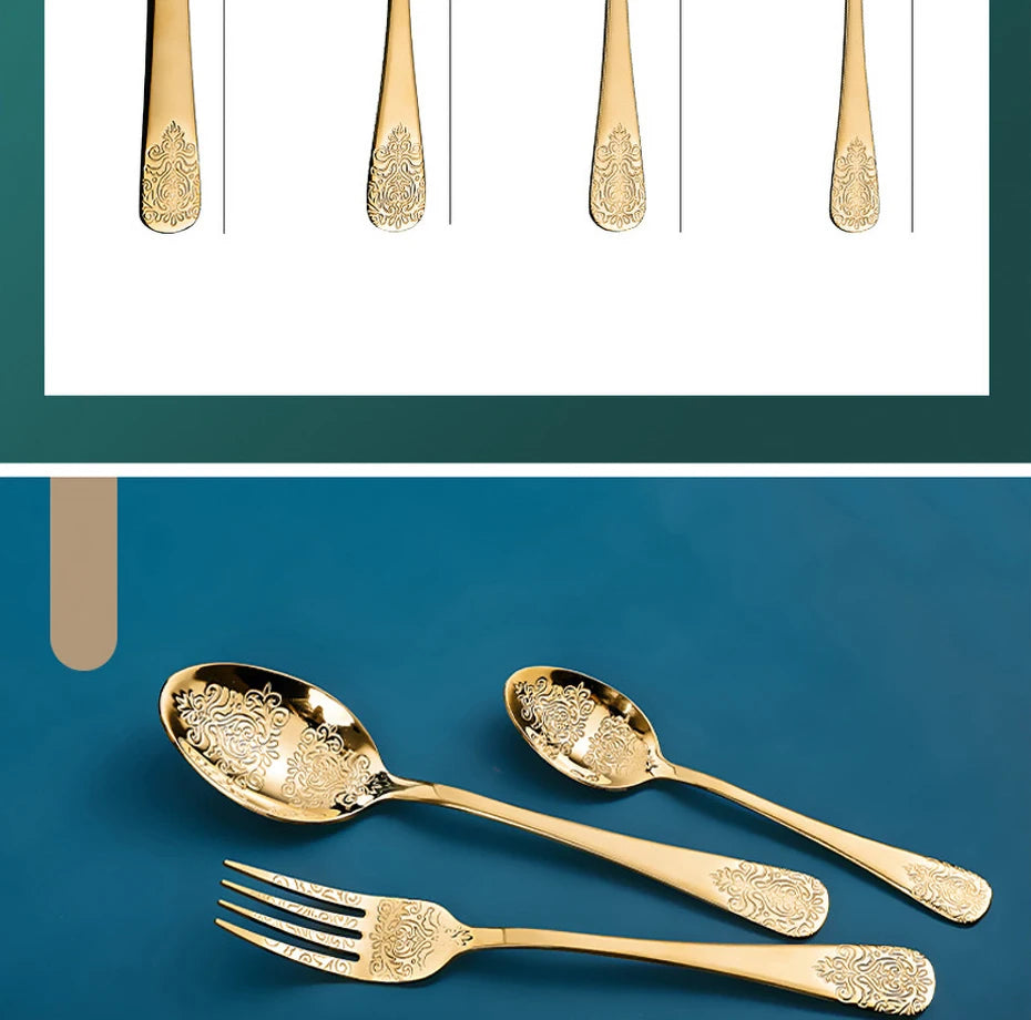 Stainless steel gold flatware set by MC THE BLACK DIAMOND, includes forks, knives, and spoons arranged on a dining table