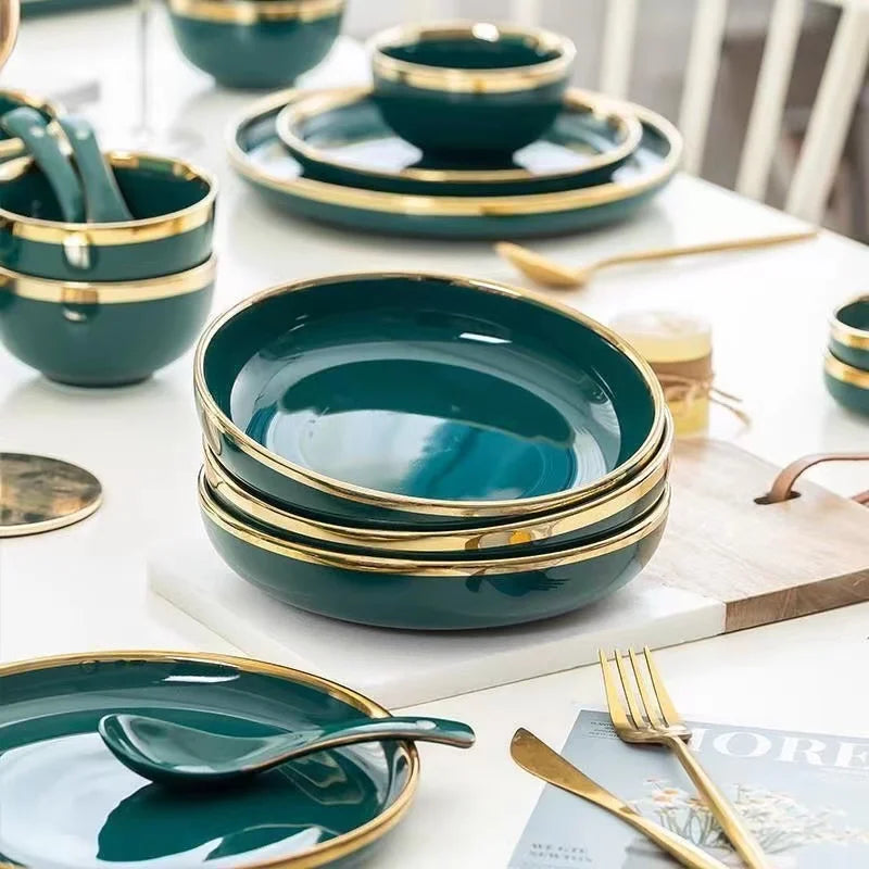 Green dinnerware set with gold inlay by MC THE BLACK DIAMOND, full quality dinner set for elegant table setting.