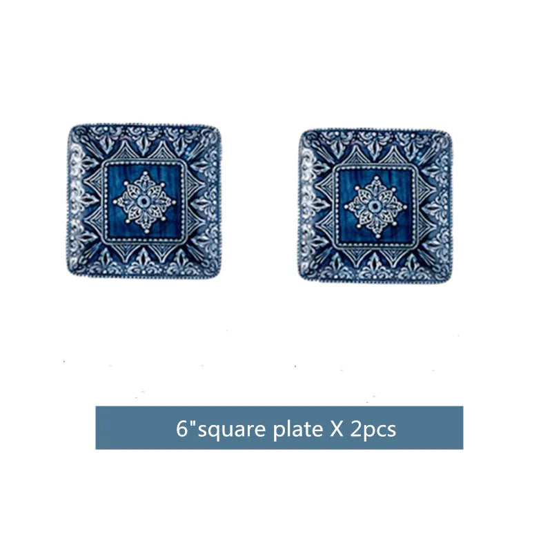 Blue retro relief ceramic dinnerware set featuring multiple plates and bowls from MC THE BLACK DIAMOND, showcasing vintage-inspired design.