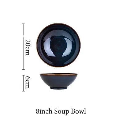 Deep blue ceramic dinnerware set by MC THE BLACK DIAMOND, featuring plates, bowls, and cups for elegant table settings.