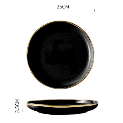 Pink, black, and gold inlay ceramic dinnerware set by MC The Black Diamond featuring elegant plates and bowls for stylish dining.