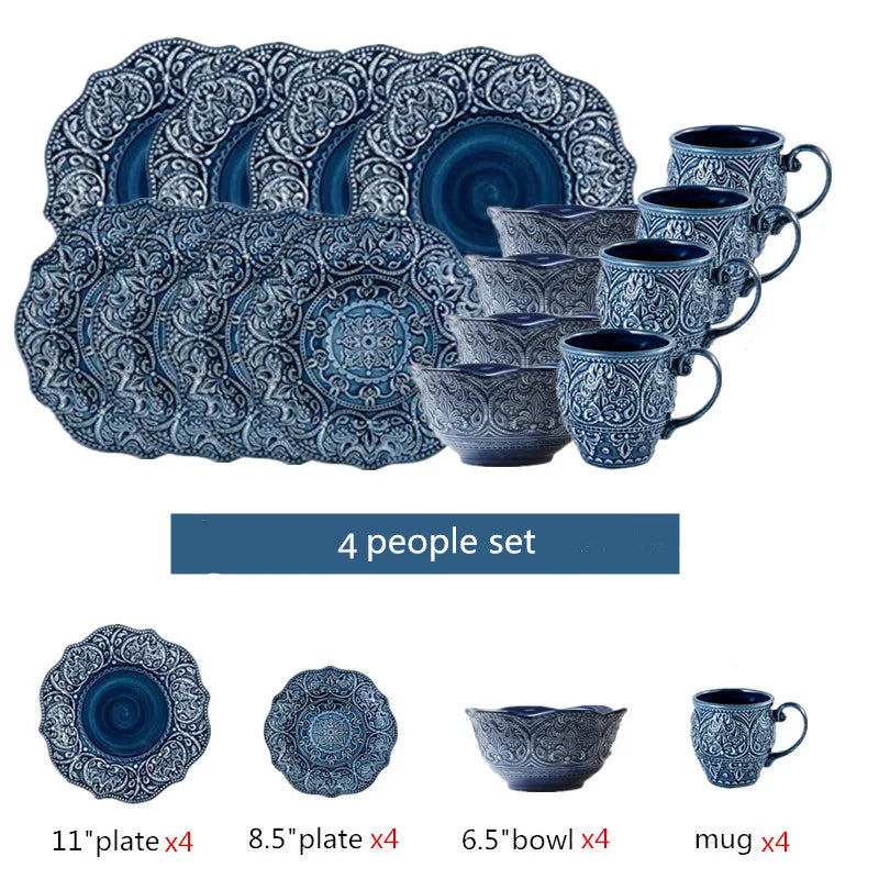 Blue retro relief ceramic dinnerware set by MC THE BLACK DIAMOND, featuring matching plates and bowls with vintage-style design.
