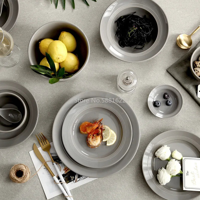 Nordic black and gray ceramic tableware set with rice bowls, soup bowls, and plates by 𝕄𝕔 𝕋𝕙𝕖 𝔹𝕝𝕒𝕔𝕜 𝔻𝕚�