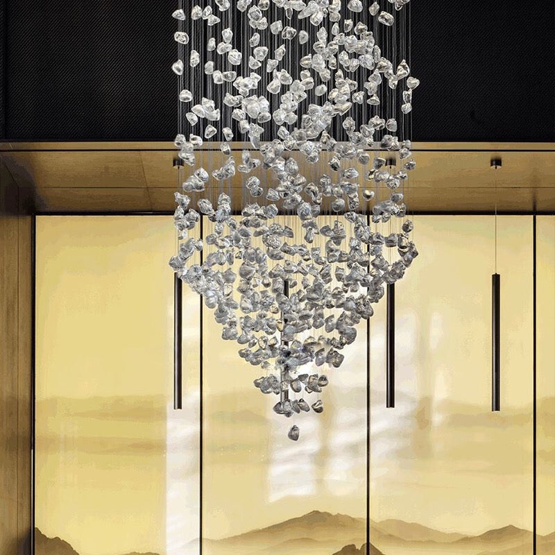 Large modern stone crystal LED chandelier by MC THE BLACK DIAMOND, featuring luxury design for staircase and living room lighting.