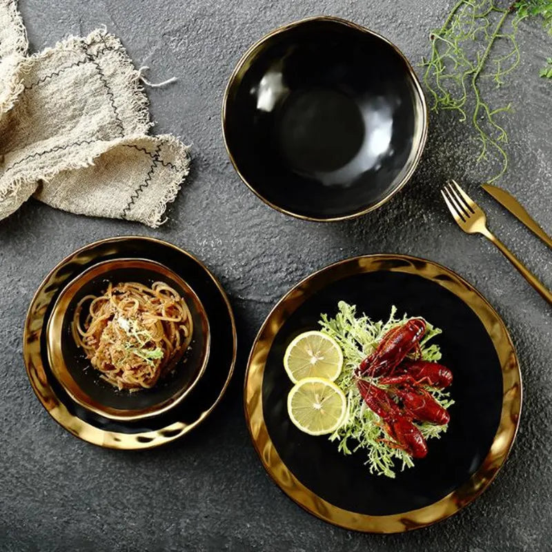 European style gold side black ceramic plate with matte finish, designed for steak, dessert, or dinner use, from 𝕄𝕔 𝕋𝕙𝕖 𝔹𝕝𝕒𝕔𝕜 𝔻�
