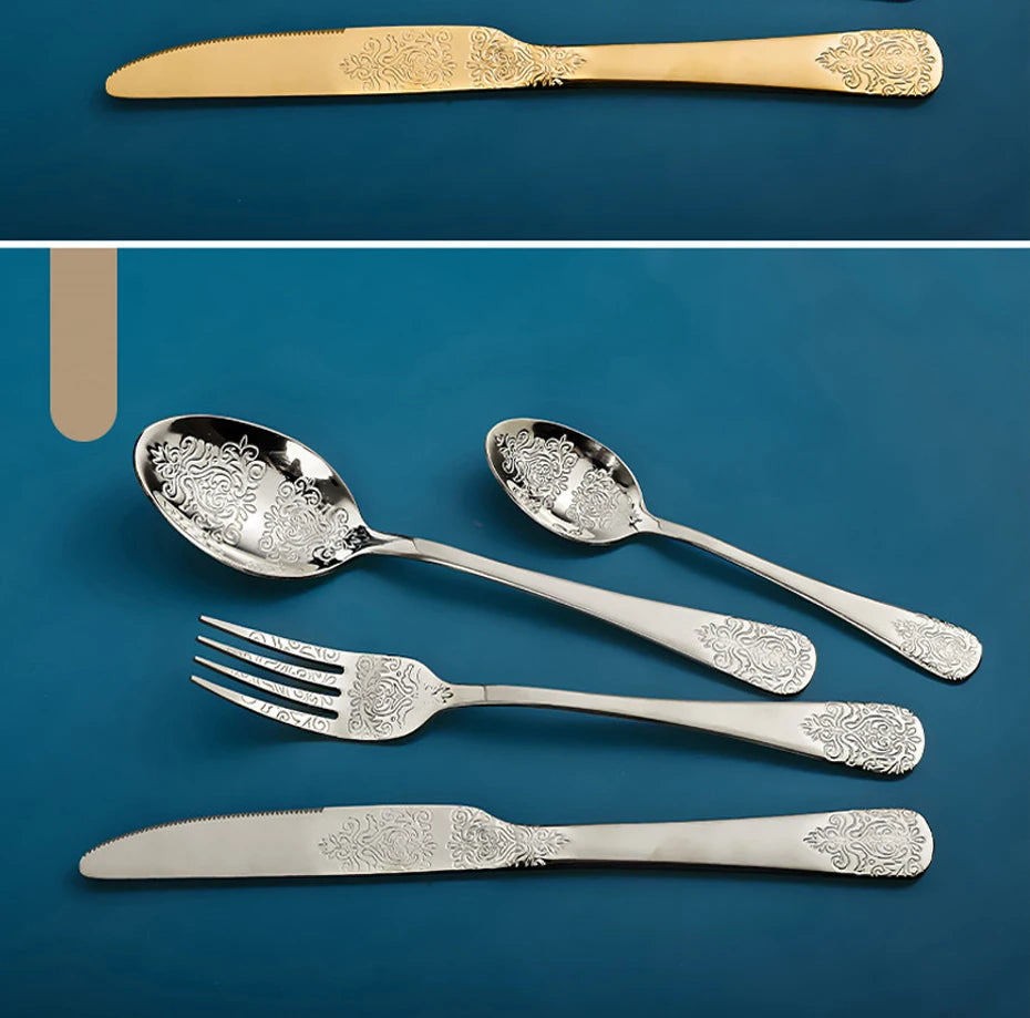 Stainless steel gold flatware set with forks, knives, and spoons from MC THE BLACK DIAMOND, displayed on a white background.
