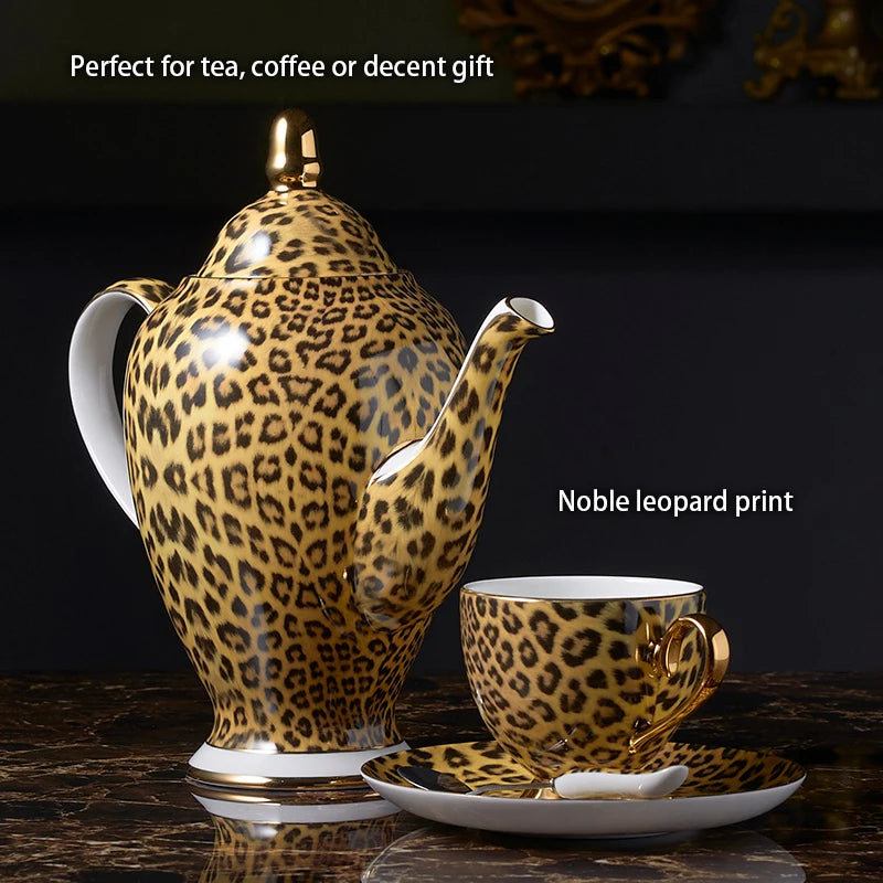 Leopard print porcelain coffee set with teapot, cups, sugar bowl, and creamer from 𝕄𝕔 𝕋𝕙𝕖 𝔹𝕝𝕒𝕔𝕜 𝔻𝕚�