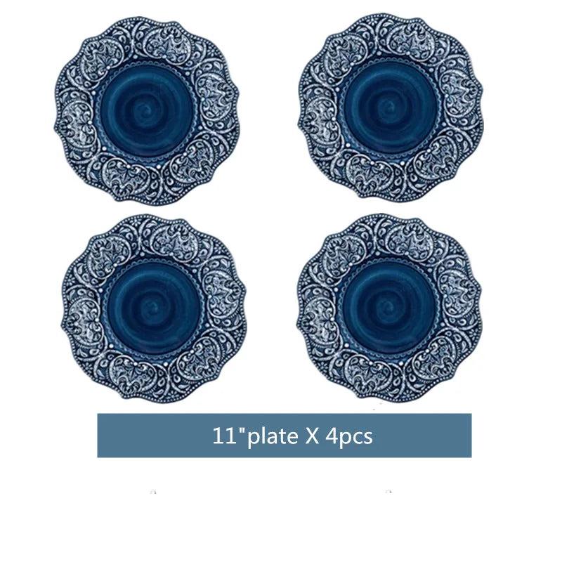 Blue retro relief ceramic dinnerware set by MC THE BLACK DIAMOND, featuring multiple stylish dishes for elegant table setting.