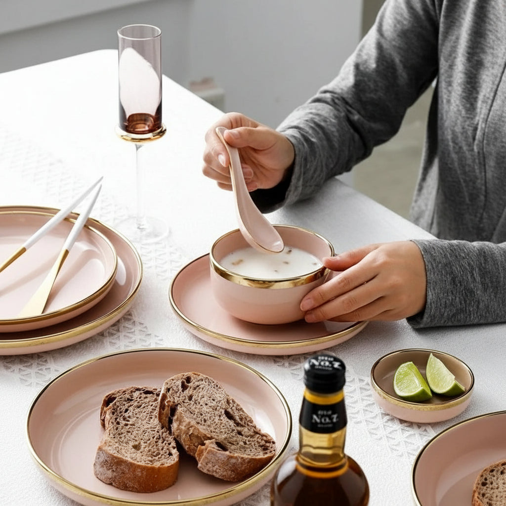 Pink black gold inlay ceramic dinnerware set featuring elegant plates and bowls by MC THE BLACK DIAMOND.