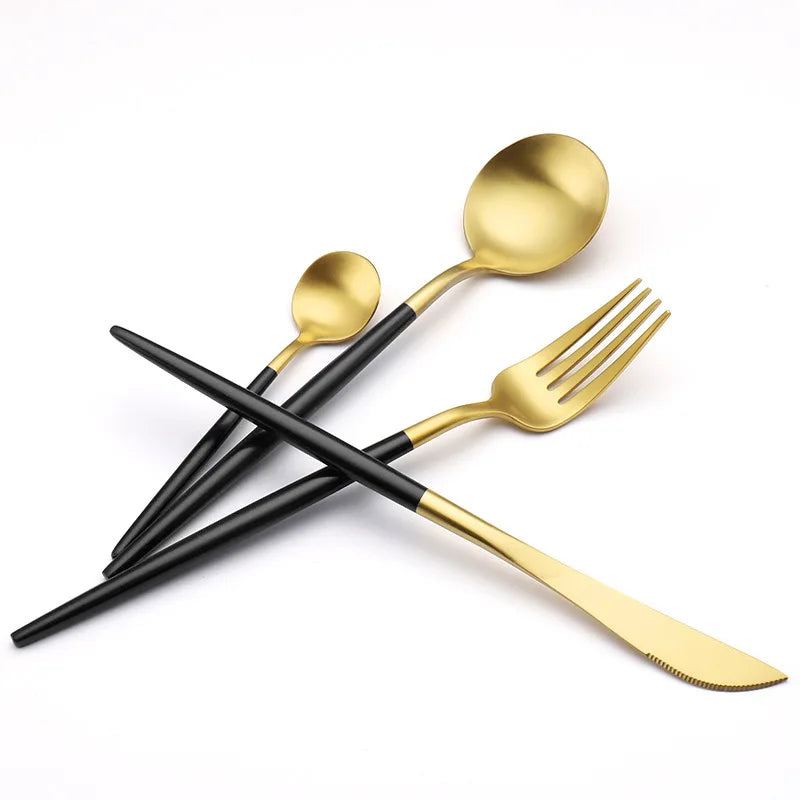 Set of black porcelain dinner plates and bowls with cutlery, featuring ceramic tableware for rice, salad, and noodles from 𝕄𝕔 𝕋𝕙𝕖 𝔹𝕝𝕒𝕔𝕜 �
