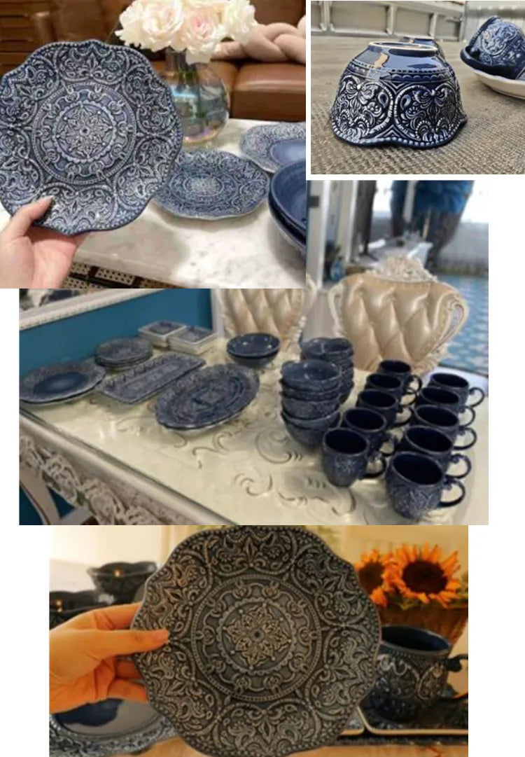 Blue retro relief ceramic dinnerware set by MC THE BLACK DIAMOND, featuring various dishes with textured, vintage-style design.