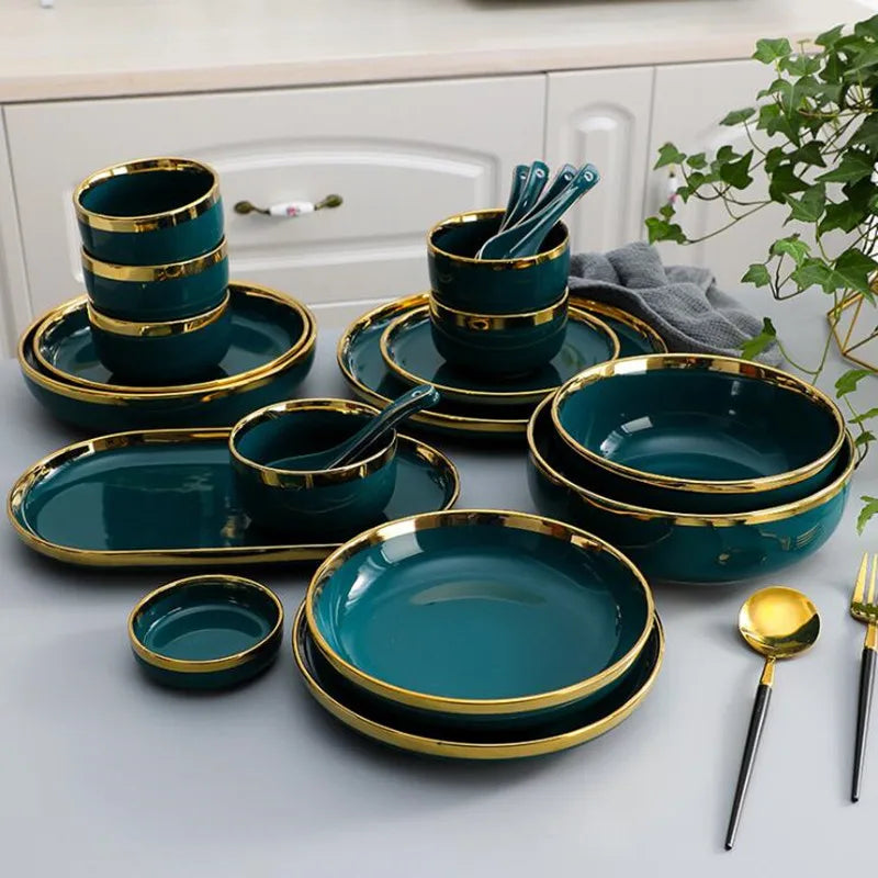 Green dinnerware set with gold inlay, full MC THE BLACK DIAMOND quality dinnerware set for elegant table settings